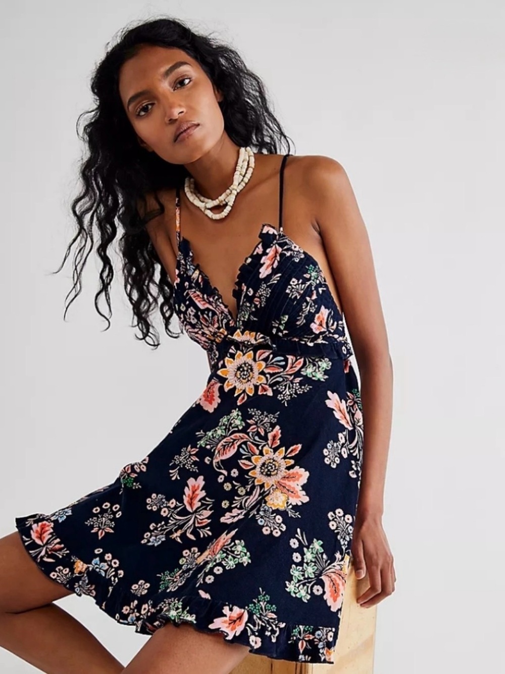 Free People Floral Corduroy Mini Dress Navy Blue Boho Ruffle V-Neck OB1351191 Sm